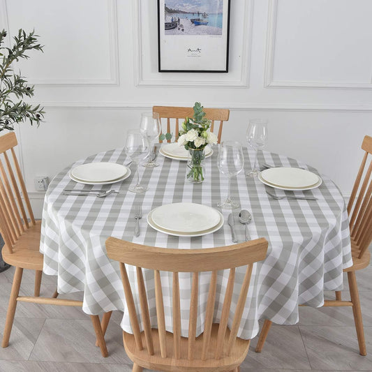 maxmill Round Checkered Tablecloth Spillproof Wrinkle Free Heavy Weight Gingham Table Cloth for Circular Table Buffalo Plaid for Buffet Banquet Parties Holiday Dinner 70 Inch Gray and White