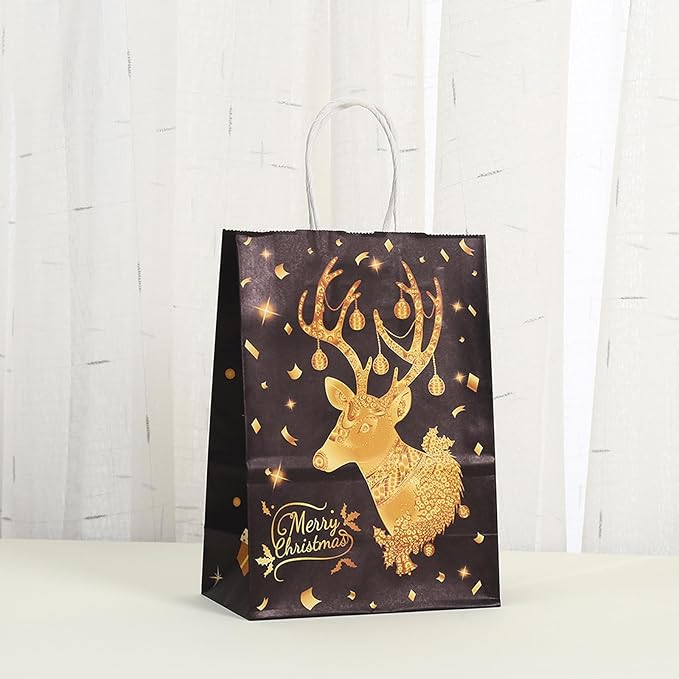 piqiya 24pcs Black Gold Christmas Gift bags with Handles,Christmas Party Favors Bags,Paper Xmas Elk Snowflake Candy Treat Bags,8.2×5.9×3.1inch(6 designs)