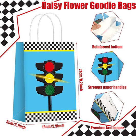 Outus 24 Pieces Race Car Party Favor Bags Car Birthday Party Supplies Goodie Gift Treat Bags with Handles for Checkered Flag Race Theme Two Fast Birthday Decorations Boy Gifts