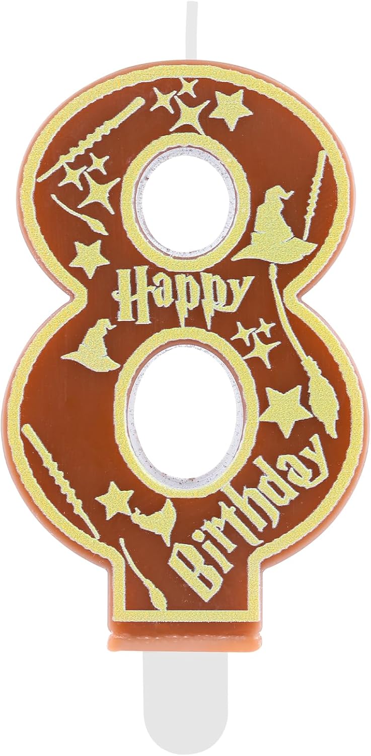 Brown Magical Wizard Party Birthday Candles Number 8 Candle Cake Topper Wizard School Themed Happy 8th Birthday Cake Decorations for Boys Girls Kids Party Favors Supplies Decorations Gifts