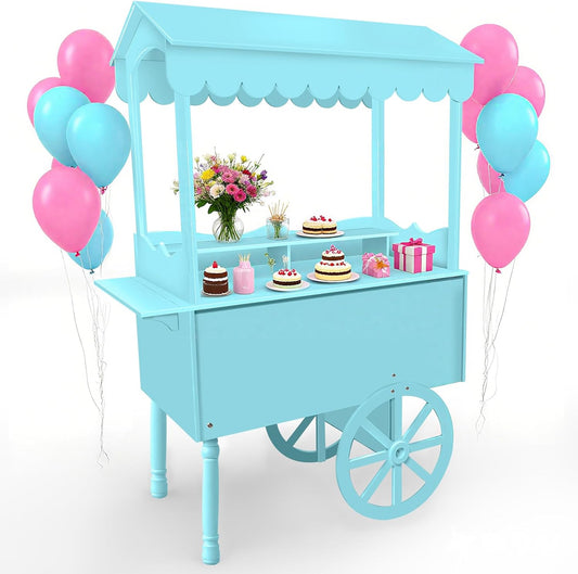 Candy Cart Display Stand for Party, Dessert Cake Cart Stand with Wheels, Vintage Dessert Display Stand Decoration Cart with 100 Balloons, String Light for Parties, Birthdays & Weddings (BLUE)