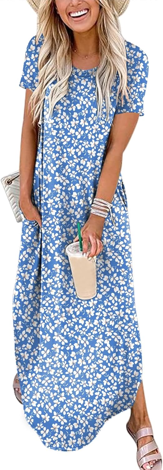 ANRABESS Womens Summer Maxi Dress Short Sleeve Casual Loose Long T Shirt Dresses Split Vacation Beach Sundress Travel Outfits