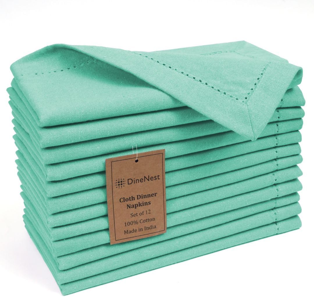 Hemstitch Dinner Napkins 100% Cotton Set of 12 - for Dining Weddings Parties Holidays Easter Everyday Use - Soft Durable Washable Table Napkins - 18x18 Inch Cloth Napkins Seafoam Green