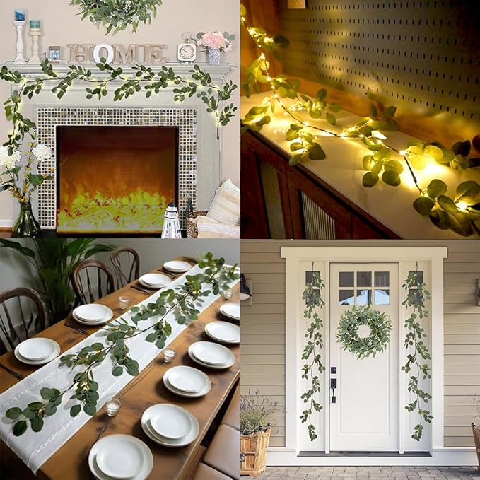 6.56FT Eucalyptus Garland with Lights 96 LEDs 8 Modes Battery Operated with Timer Faux Twig Vine Lights Spring Greenery Garlands for Mantle Fireplace Wall Table Stairs Wedding Party Bedroom Home Decor