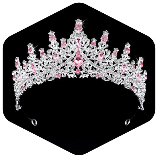 Pink Tiara for Women Crystal Queen Crowns Rhinestone Princess Tiaras for Girl Wedding Headband for Bride Hair Accessories for Halloween Costume Birthday Party Prom Mother's Gifts