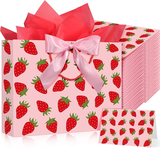 Maitys 12 Pack 13" Large Strawberry Gift Bag with Handle, Tissue Papers, Ribbons and Greeting Card Pink Strawberry Paper Bags Bulk for Berry Sweet Baby Shower Birthday Party Decorations Supplies