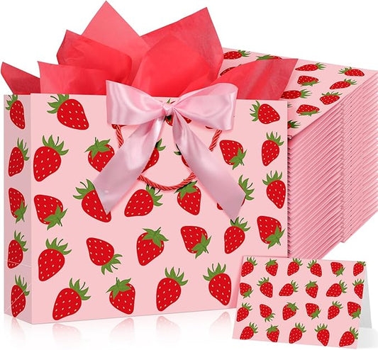 Maitys 12 Pack 13" Large Strawberry Gift Bag with Handle, Tissue Papers, Ribbons and Greeting Card Pink Strawberry Paper Bags Bulk for Berry Sweet Baby Shower Birthday Party Decorations Supplies