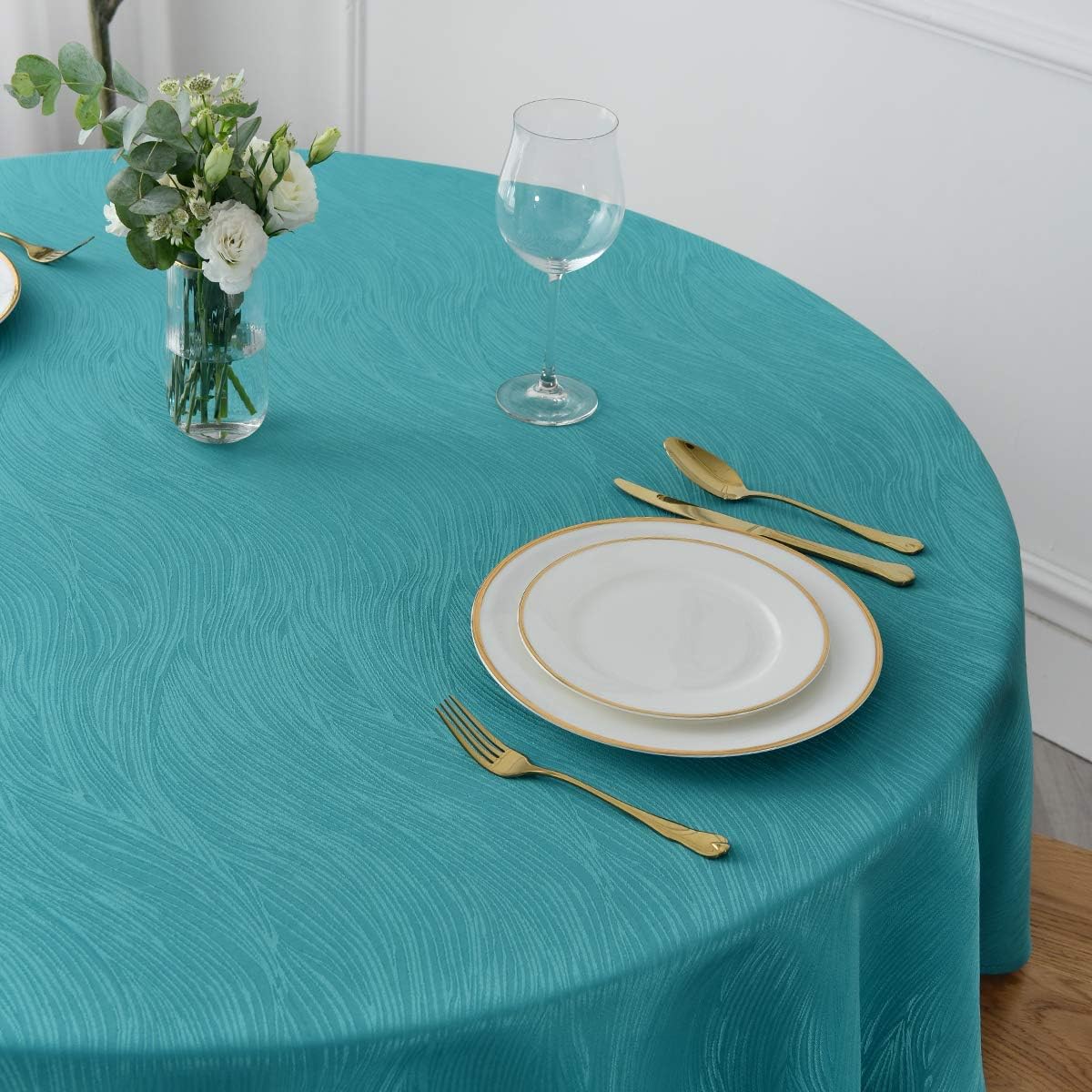 maxmill Round Jacquard Tablecloths Swirl Design Spillproof Wrinkle Free Water Proof Heavy Weight Soft Table Cloth for Circular Table of Buffet Banquet Parties Holiday Dinner Round 90 Inch Teal