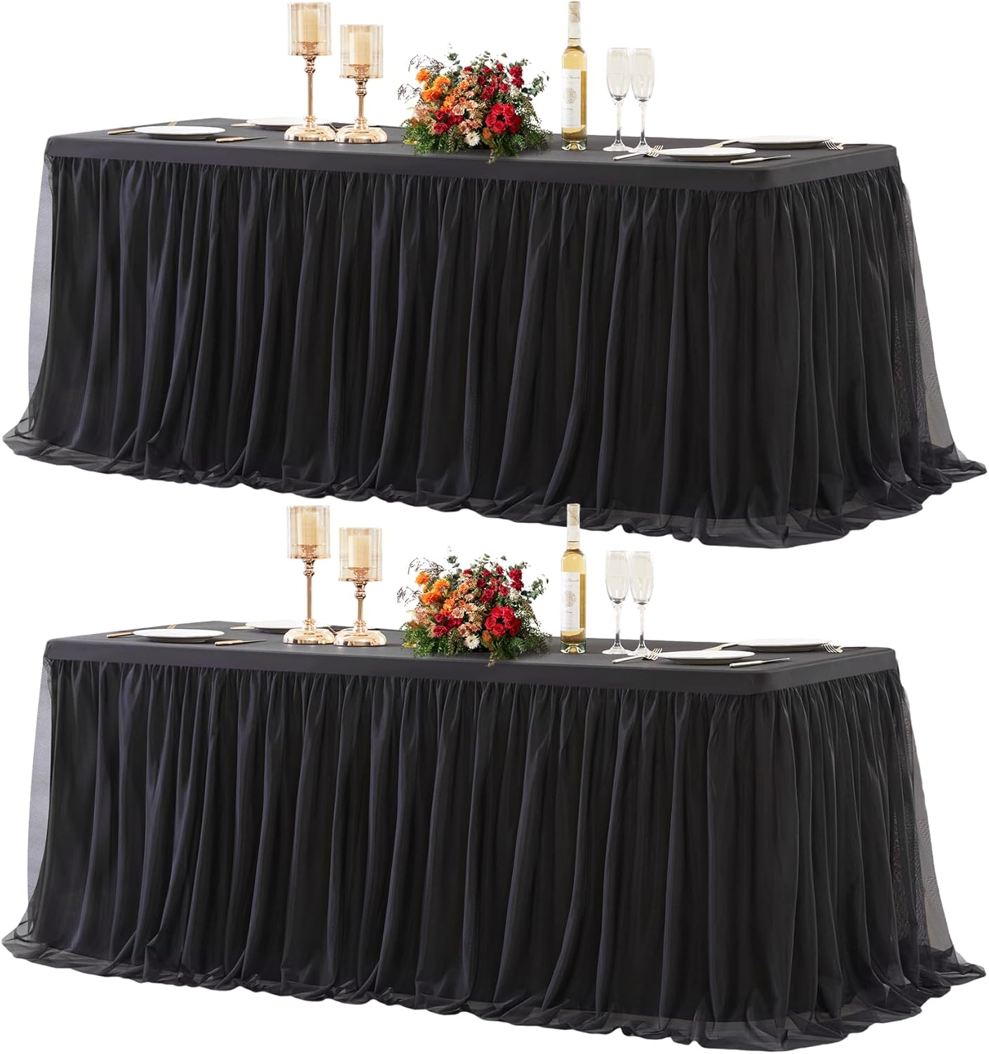 2 Pack Black Tulle Tablecloths for 6 Foot Rectangular Tables, 72 x 30 Inch Black Rectangle Table Cloths, Wrinkle Free Table Cover with Tutu Skirt for Wedding Birthday Party Banquet Buffet Decorations