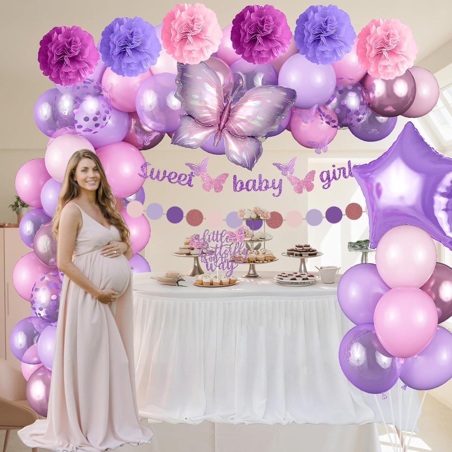 Butterfly Baby Shower Decorations for Girl, Sweet Baby Girl Banner with Pearl Pastel Purple Light Pink Latex Foil Balloons Cake Topper Pom Poms for A Little Butterfly Is On The Way Decoration Supplies