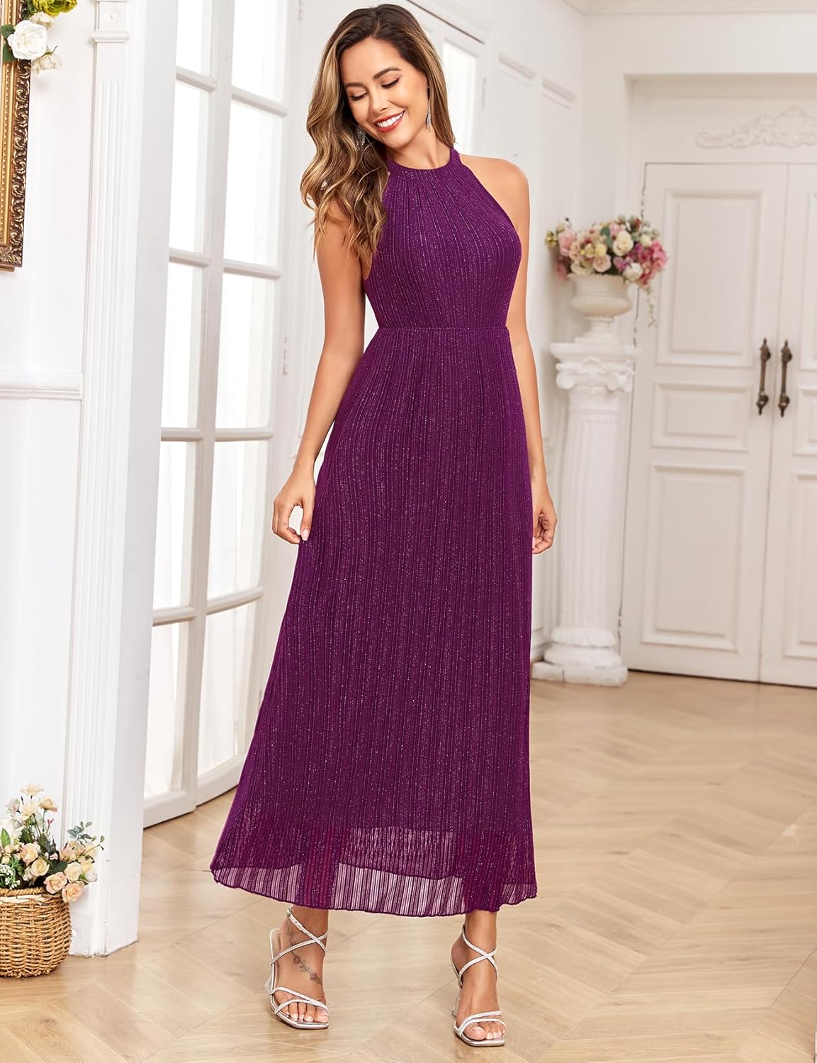Maternity Sparkly Mesh Dress Halter Neck Sleeveless A Line Pregnancy Dresses Semi Formal Baby Shower Photoshoot