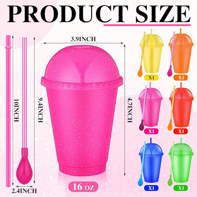 6 Set Slushie Cups with Dome Lids and Straws Detachable Spoon Straws Reusable Plastic Iced Coffee Cups Smoothie Tumbler for Birthdays Summer Party Supplies (Mixed Color,16 oz)