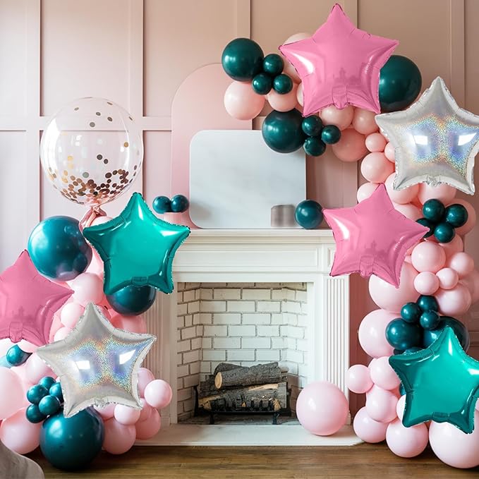 Pink and Teal Blue Star Foil Balloons, 10PCS Laser Silver Foil Stars Shape Balloon, 18 Inch Metallic Turquoise Stars Balloons Helium for Girls Women Birthday, Mermaid, Baby Shower Party Decoration
