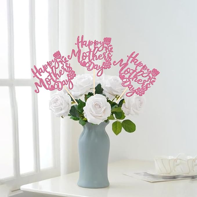 12 PCS Happy Mother's Day Centerpiece Sticks Double Sided Glitter Rose Love Best Mom Centerpieces for Happy Mother's Day Theme Table Flower Decorations Women Birthday Party Supplies Pink