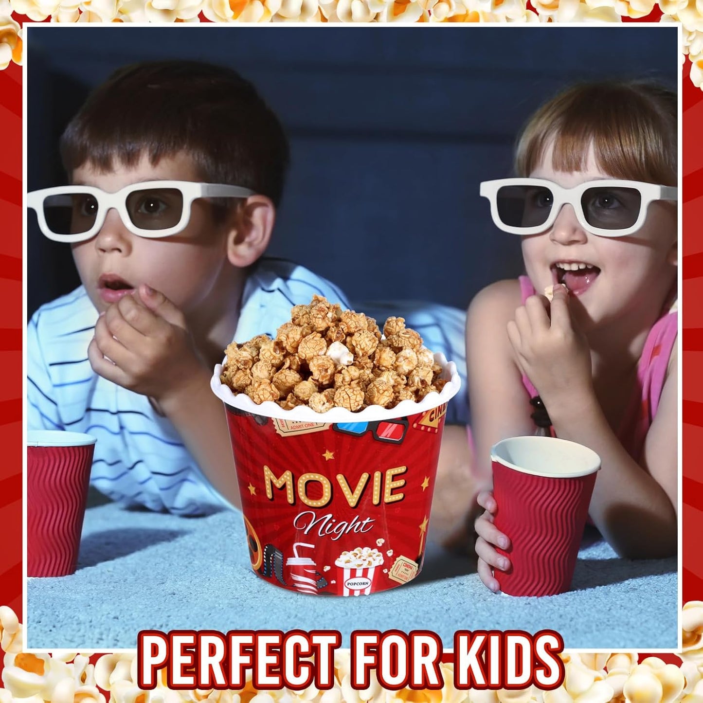 Roshtia 6 Pieces Plastic Popcorn Containers Reusable Buckets 75 oz Popcorn Boxes Bowl with Scoop Retro Style Red Plastic Scoop Set for Movie Theater Night(Movie)