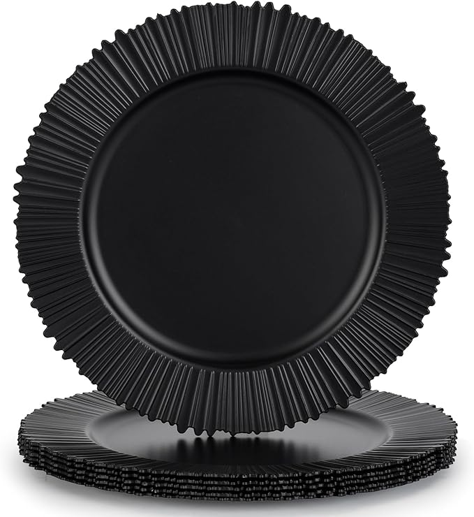 13" Line Black Charger Plates, Classic Chargers for Dinner Plates, Reusable Plastic Table Setting Bulk Event, Party, Wedding, Festival, Baby Shower