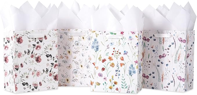 Loveinside Medium Size Gift Bags, Colorful Flower Pattern Gift Bag with Tissue Paper for Shopping, Parties, Wedding, Baby Shower, Craft-4 Pack, 7" X 4" X 9"