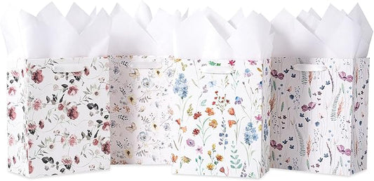 Loveinside Medium Size Gift Bags, Colorful Flower Pattern Gift Bag with Tissue Paper for Shopping, Parties, Wedding, Baby Shower, Craft-4 Pack, 7" X 4" X 9"