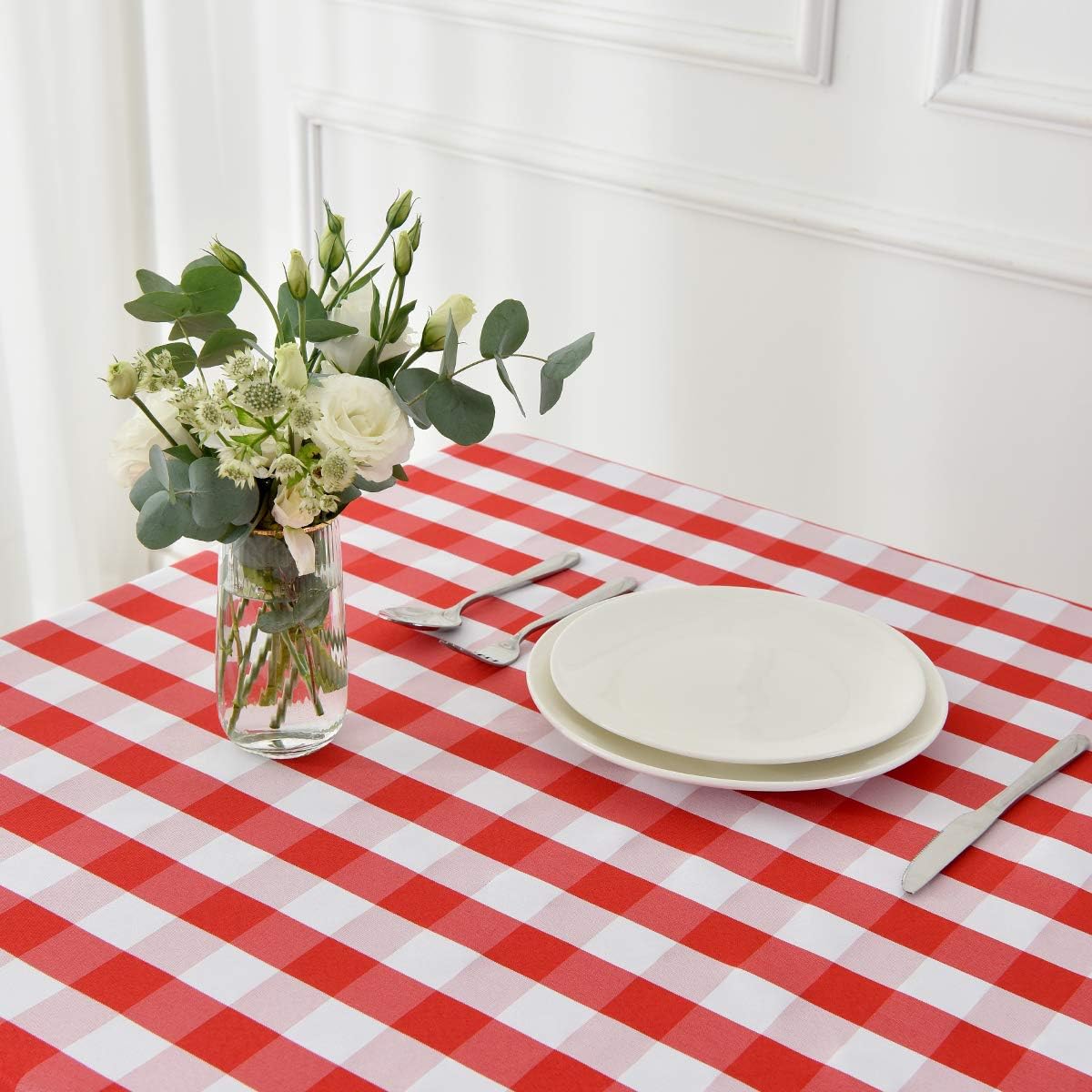 maxmill Checkered Tablecloth Stain Resistant Waterproof Wrinkle Resistant Spillproof Washable Heavy Weight Table Cloth Gingham for Dining Room and Outdoor Use, Rectangle 60 x 140 Inch Red and White