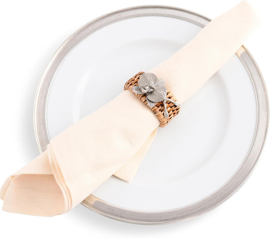 Vagabond House Natural Eco-Friendly Pewter Orchid on Rattan Napkin Rings - Designer Rattan Decor, House Naturals - Easy Care, Refined Tablescape Set of 4