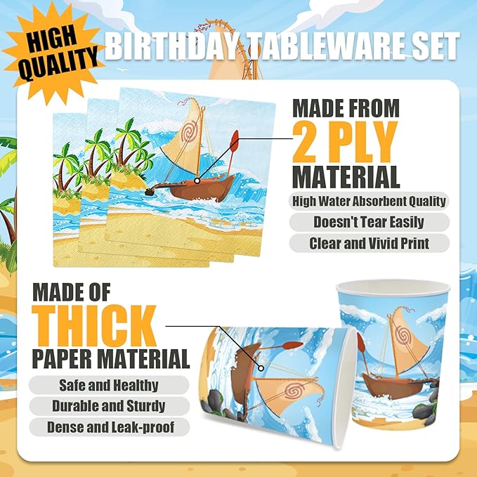 168Pcs Ocean Girl Party Decorations Cartoon Party Supplies Hawaiian Theme Birthday Decorations Paper Plates and Napkins Cups Tableware Set for Girls Boys