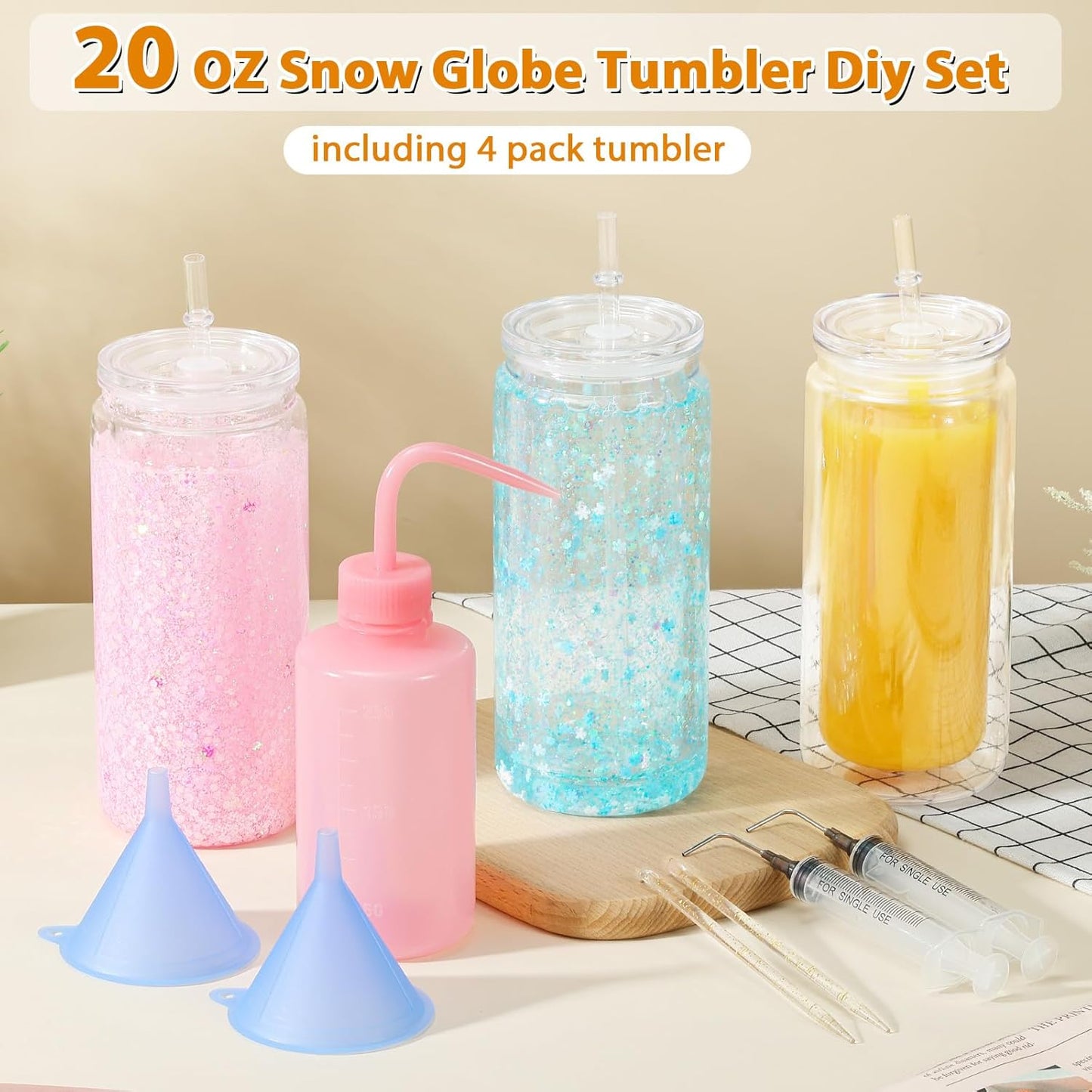20 Oz Acrylic Snowglobe Tumbler Including Diy Kit, 4 Pack Pre-Drilled Double Wall Plastic Snowglobe Cup for Glitter Snow Globe Diy