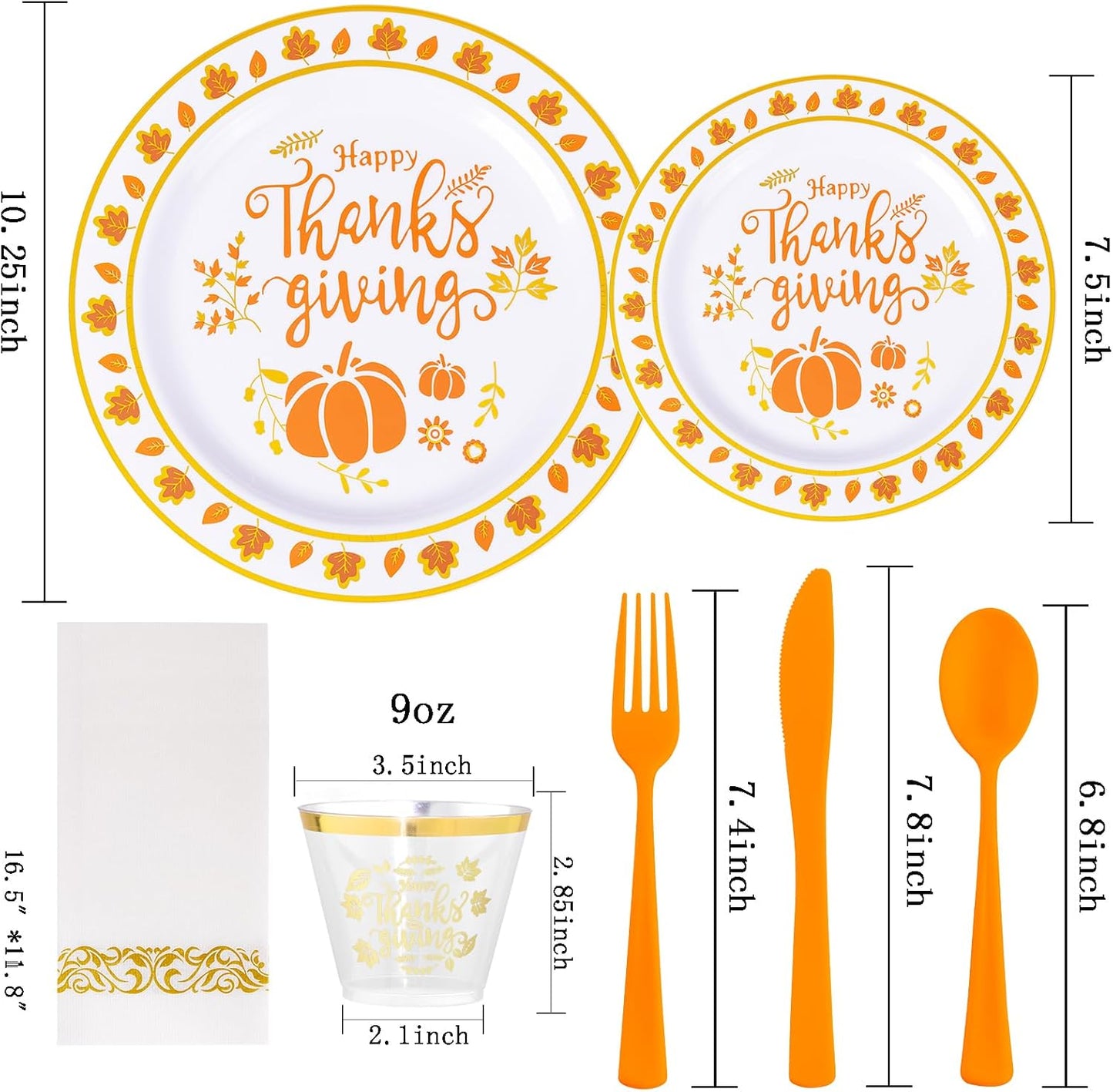 Supernal 175pcs Thanksgiving Dinnerware Set Gold Plastic Dinnerware Set Include Disposable Utensils,Gold Plastic Cups and Napkin,Disposable Dinner Plate and Dessert Plste Set for Thanksgiving