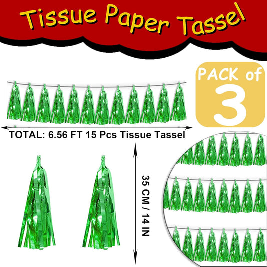 3P Green Tassel Banner Garland Metallic Foil Fringe Banner Tinsel Tassels Streamer Banner Backdrop for Parade Floats, 2025 Graduation Decorations, Father's Day Party Decoration