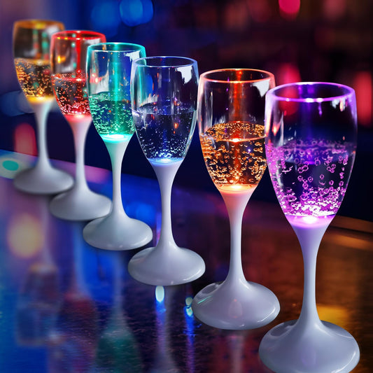 LED Light Up Cups Wine Champagne Flutes Set of 6 Party Favors Adults, Colored Plastic Champagne Flutes Drinking Glasses Glow in the Dark Colorful Glowing Cups for Birthday Christmas Halloween Weddings