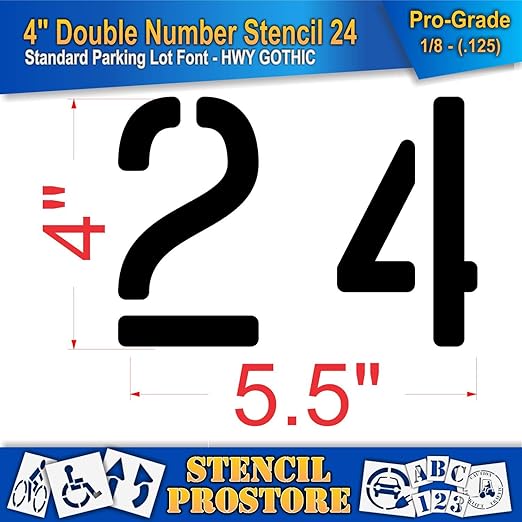 Pavement, Curb, and WheelStop Stencils - 4 inch Double Number Stencil - (24) - 4" x 5.5" x 1/8" (128 mil) - Pro-Grade