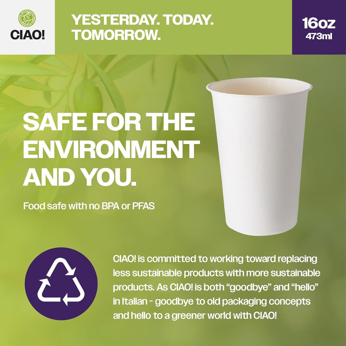 CIAO! 16oz White Paper Hot Cup, Disposable, 90mm Diameter 1,000 Count