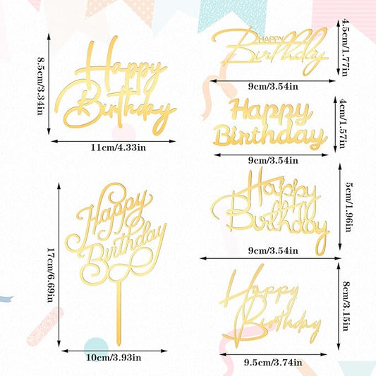 6 Pcs Gold Happy Birthday Cake Topper Side Mirror Acrylic Cake Topper Happy Birthday Cake Sign Decorations Gold Cake Inserts Cake Decor Supplies Golden Cupcake Toppers for Birthday Party Cake Dessert