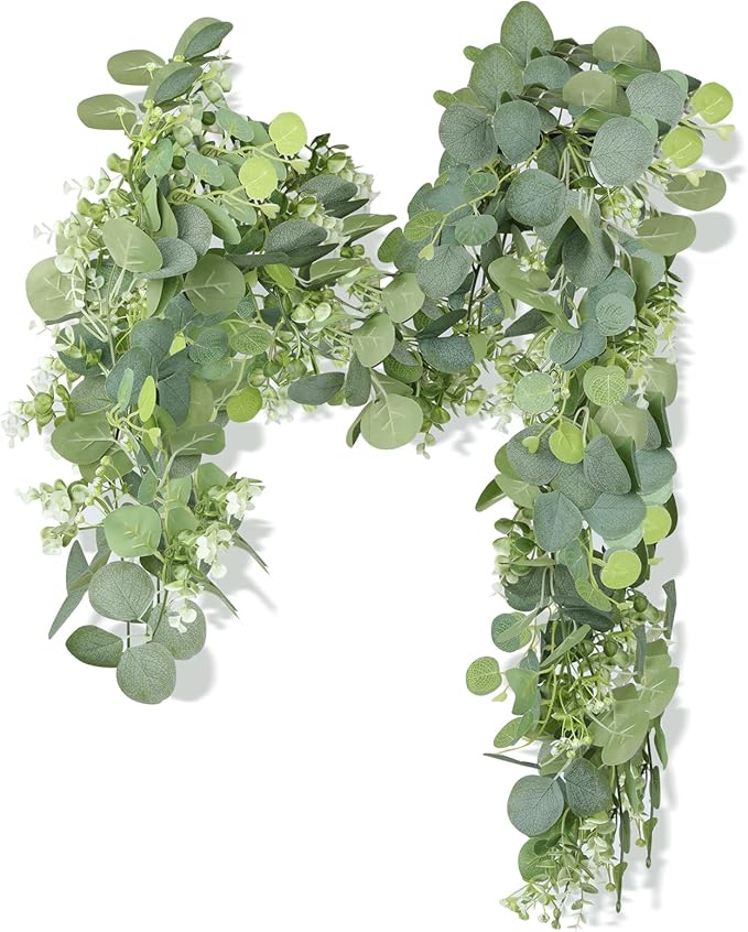 Artificial Eucalyptus Garland with gypsophila Flowers 2pcs 11.8ft Faux Greenery Garland Fake Eucalyptus Leaves for Wedding Arch Farmhouse Mantle Table Runner Decor Centerpiece Home Party Decor (green)