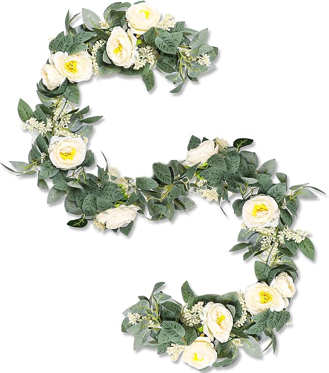 Uguisu 2Pcs Artificial Garland with Roses, 5.9ft Greenery Eucalyptus Garland for Wedding, Party, Mantel, Table, Indoor and Outdoor Decoration. Champagne
