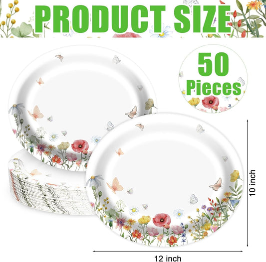 Floral Oval Paper Plates 10’’x 12’’, Large Disposable Heavy Duty Oval Paper Plates Dinner Size for Birthday Wedding Bridal Baby Shower Tea Party Supplies, 50 Guests