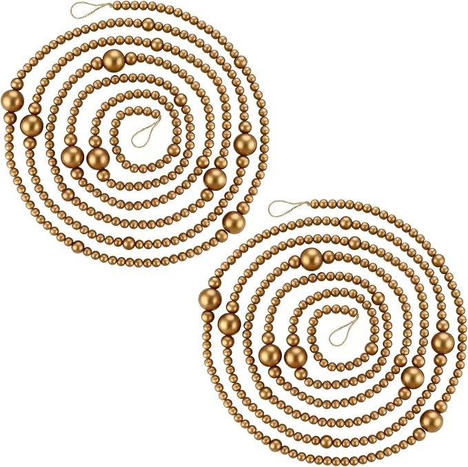 2PCS Christmas Wood Beads Garland 24 Feet Wooden Bead Garland Boho Ornaments for Christmas Tree, Xmas Vintage Rustic Farmhouse Round Craft Bead Hanging Holiday Decorations(Gold)