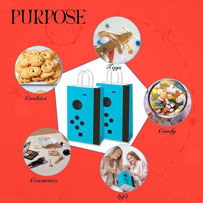 wjrsxilt 16 Pcs Gamer Party Favors Bags with Handles, Game Controller Gift Bags Video Game Goodie Bag,with 2 Different Types, Gaming Kraft Paper Bag for Birthday Party Supplies Decorations