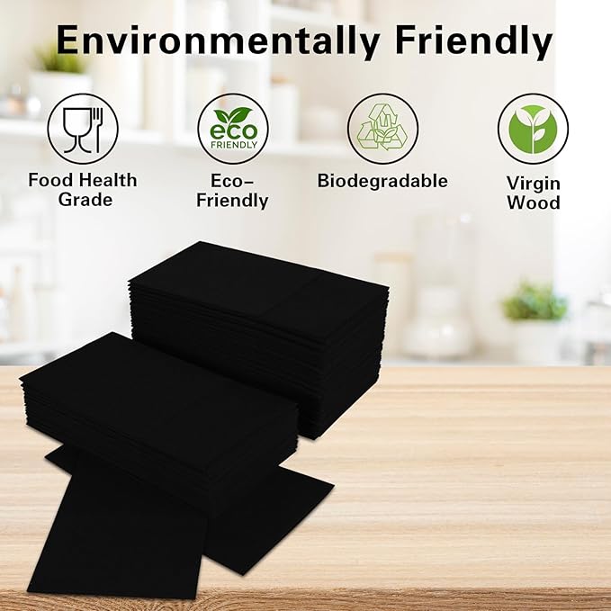 Black Napkins Hand Towels Disposable, Linen-Feel Dinner Napkins with Prefolded Built-in Flatware Pocket, Guest Paper Hand Towels For Wedding, Dinner Or Party (16x16in, 50Pack）
