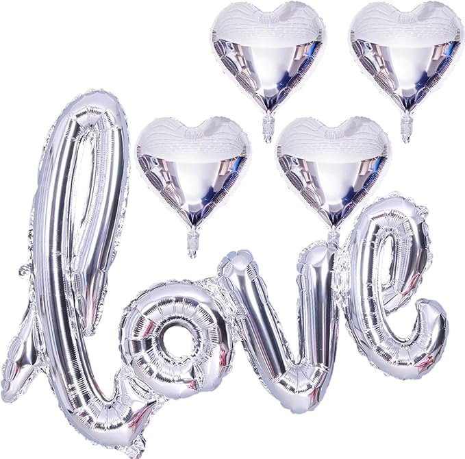 5 Pcs Silver Heart Shaped Balloons Silver Love Valentine Balloons for Valentines Day Bridal Shower Wedding Party Decorations