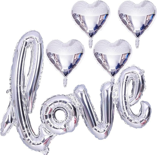 5 Pcs Silver Heart Shaped Balloons Silver Love Valentine Balloons for Valentines Day Bridal Shower Wedding Party Decorations