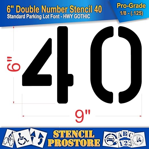 Pavement, Curb, and WheelStop Stencils - 6 inch Double Number Stencil - (40) - 6" x 9" x 1/8" (128 mil) - Pro-Grade