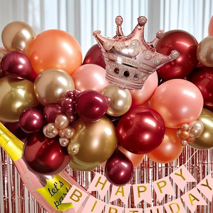 Burgundy Birthday Decorations, Double Stuffed Maroon Red Pink Gold Pearl Balloons Happy Birthday Banner Fringe Curtain Foil Balloons for Women Girls Birthday Mother's Day Bridal Shower Party Supplies