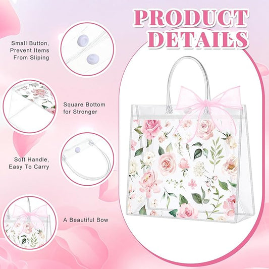 Wesnoy 24 Pcs Clear Floral Gift Bags with Handles Rose Pink Flower PVC Treat Tote Bag for Tea Birthday Party Wedding Bridal Shower Bachelorette Anniversary Engagement Guests, 6.3 x 5.9 x 3.2 Inch