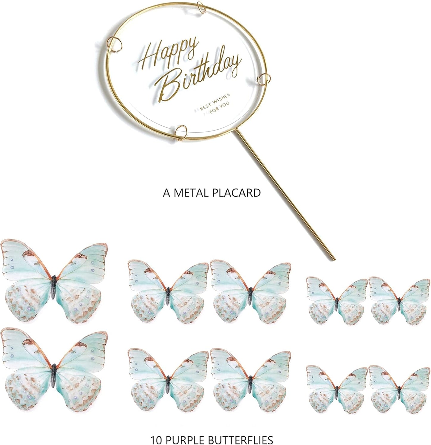 11-Piece Turquoise Butterfly Cake Toppers Set: Happy Birthday Metal Gold Cake Toppers & Decorations