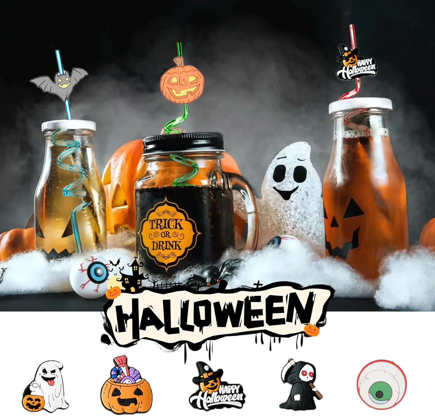 30Pcs Halloween Drinking Straws Reusable Party Favors Pumpkin Skull Ghost Witch Theme Drinking Straws with Cartoon Decoration for Kids Halloween Party Supplies, 15 Styles