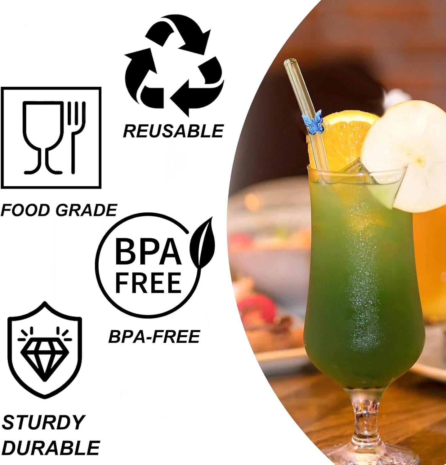 10 Pack Reusable Glass Straws Set, Clear Glass Drinking Straws, 8.5''x10MM, Creative and Cute Butterfly Straw with Cleaning Brush, Perfect for Smoothies, Milkshakes, Juice, Tea, Milk