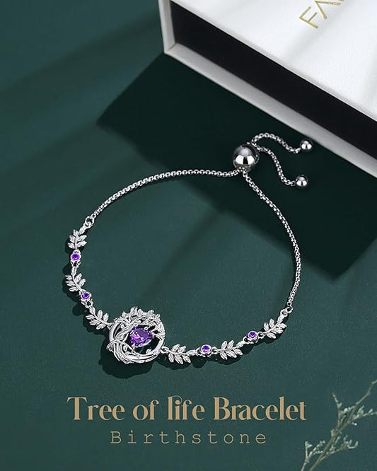 FANCIME Valentines Day Gift Tree of life Birthstone Bracelet for Women Sterling Silver Tree Jewelry Birthstone Charm Bracelet Gemstone Anniversary Birthday Gifts for Wife Mom Her