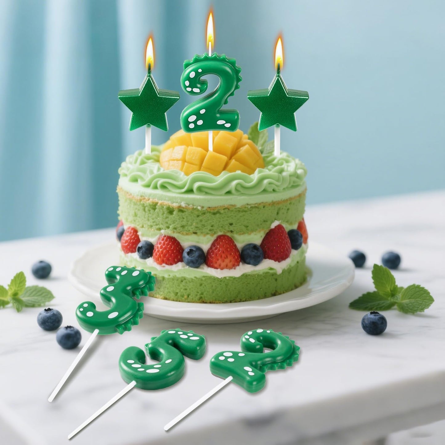 2.75 Inch Green Dinosaur Shaped 2 Number Birthday Candles and Star Birthday Candles,Suitable for Dinosaur Birthday Decorations & Themed Parties Celebration