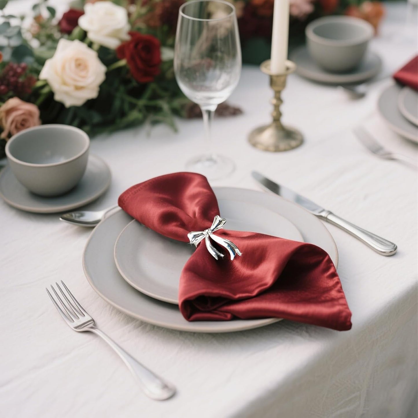 Silver Bow Napkin Rings Set of 6 Christmas Bow Tie Napkin Rings for Xmas Wedding New Year Banquet Decor,Shiny Metal Bowknot Napkin Ring Holders for Holiday Birthday Anniversary Family Dinner