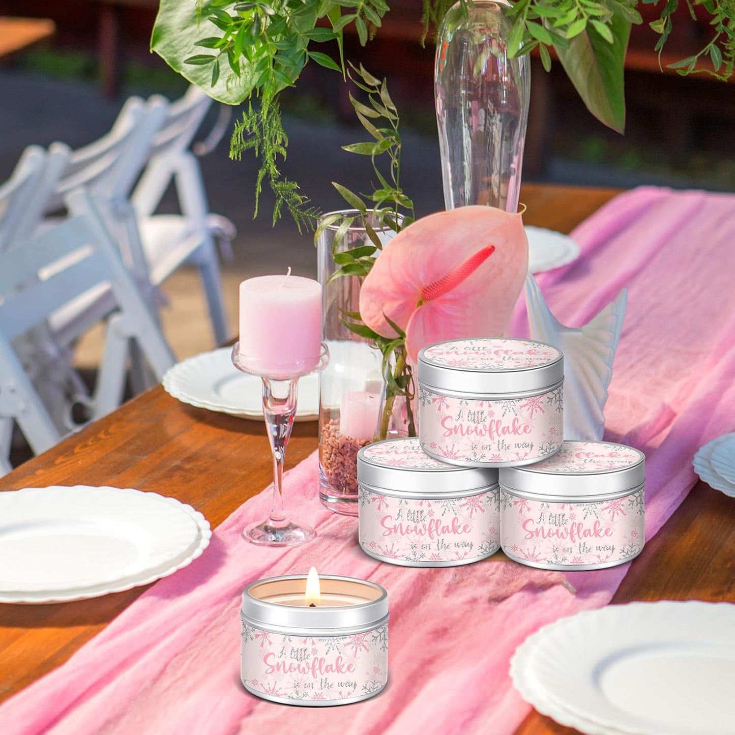 MTLEE 24 Pcs Snowflakes Baby Shower Party Favors Candles Lavender Scented Baby Shower Favors for Guests Rustic Tealights Candles Gender Reveal Return Gifts Girl Boy(1.2 Oz, Pink)